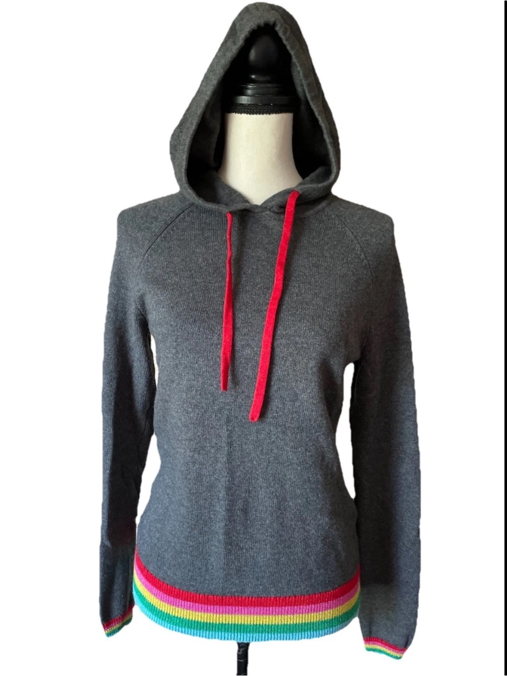 Boden Morton Knitted Hoodie Sweater Gray Rainbow Trim Wool Cashmere Blend 2/XS
